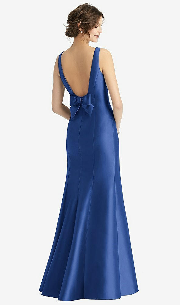 Back View - Classic Blue Sleeveless Satin Trumpet Gown with Bow at Open-Back