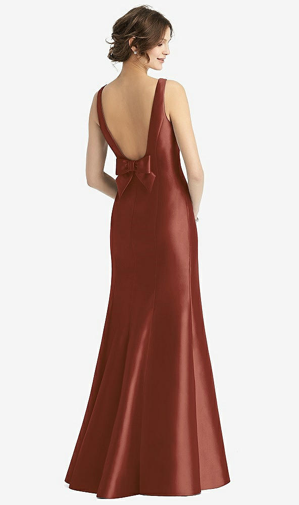 Back View - Auburn Moon Sleeveless Satin Trumpet Gown with Bow at Open-Back