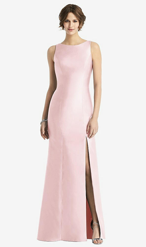 Front View - Ballet Pink Sleeveless Satin Trumpet Gown with Bow at Open-Back