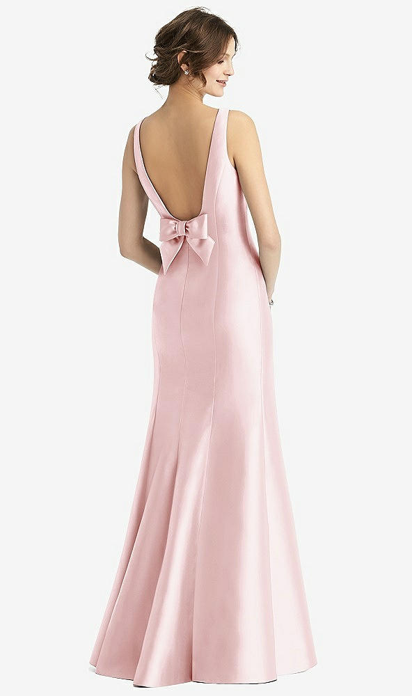 Back View - Ballet Pink Sleeveless Satin Trumpet Gown with Bow at Open-Back