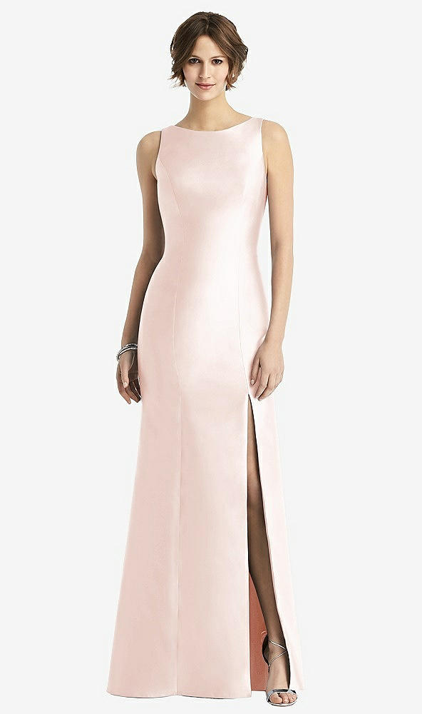 Front View - Blush Sleeveless Satin Trumpet Gown with Bow at Open-Back