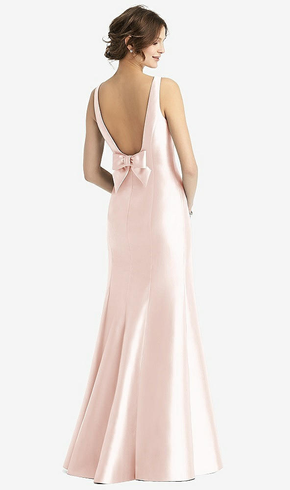 Back View - Blush Sleeveless Satin Trumpet Gown with Bow at Open-Back