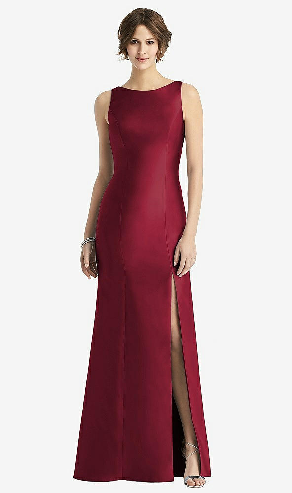 Front View - Burgundy Sleeveless Satin Trumpet Gown with Bow at Open-Back