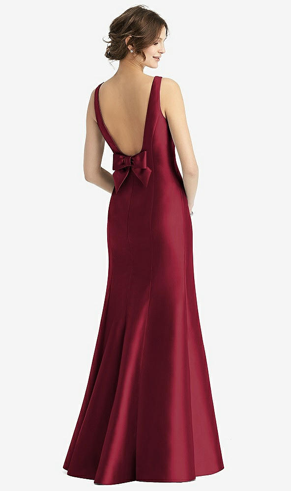Back View - Burgundy Sleeveless Satin Trumpet Gown with Bow at Open-Back