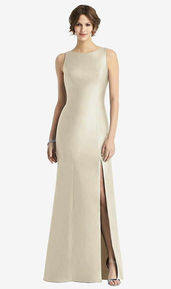 Front View - Champagne Sleeveless Satin Trumpet Gown with Bow at Open-Back