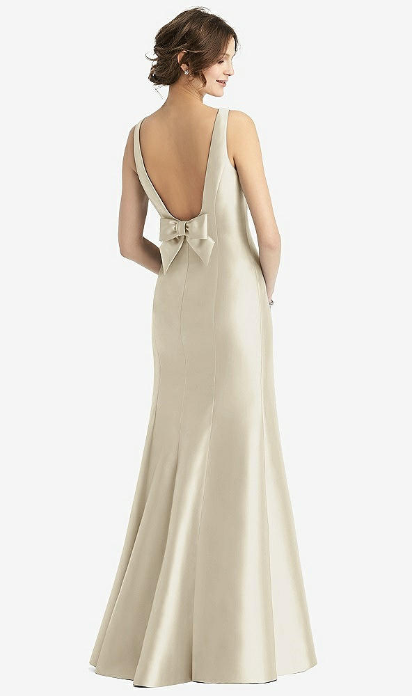 Back View - Champagne Sleeveless Satin Trumpet Gown with Bow at Open-Back