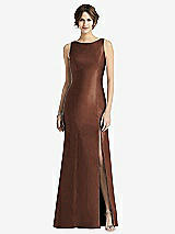 Front View Thumbnail - Cognac Sleeveless Satin Trumpet Gown with Bow at Open-Back