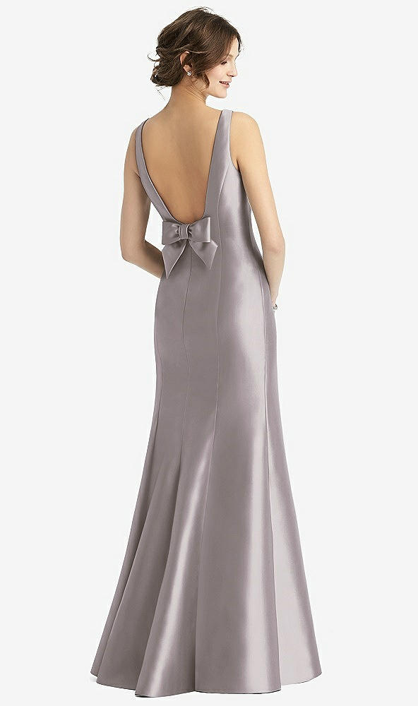 Back View - Cashmere Gray Sleeveless Satin Trumpet Gown with Bow at Open-Back