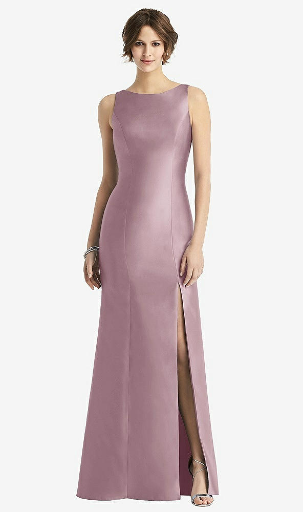 Front View - Dusty Rose Sleeveless Satin Trumpet Gown with Bow at Open-Back