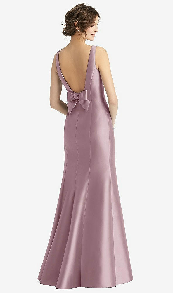 Back View - Dusty Rose Sleeveless Satin Trumpet Gown with Bow at Open-Back