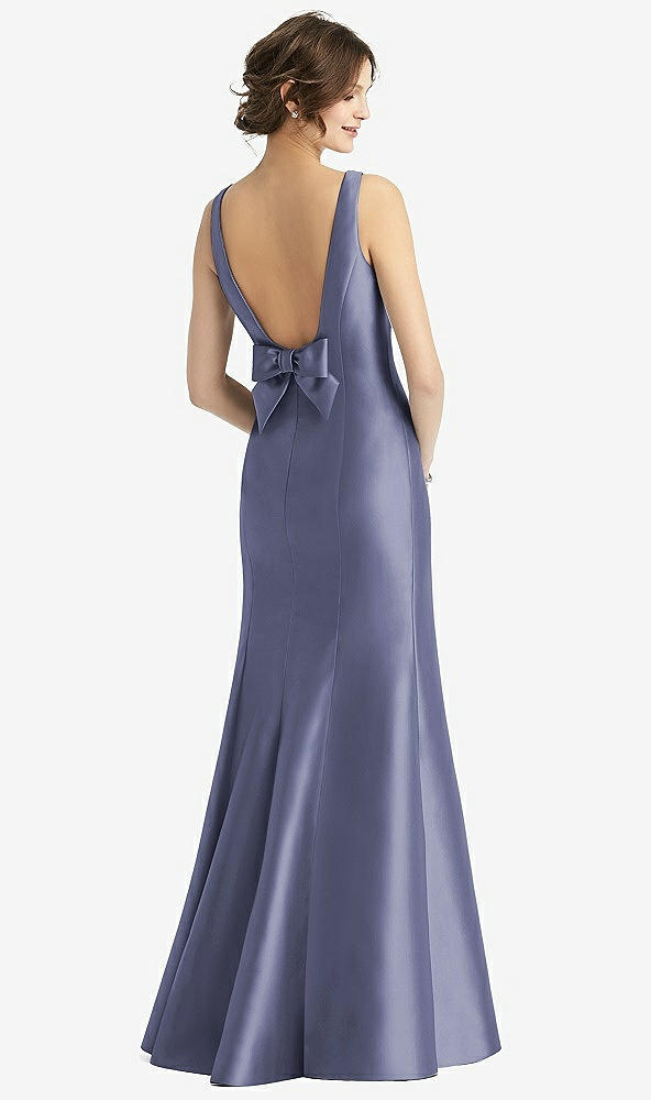 Back View - French Blue Sleeveless Satin Trumpet Gown with Bow at Open-Back