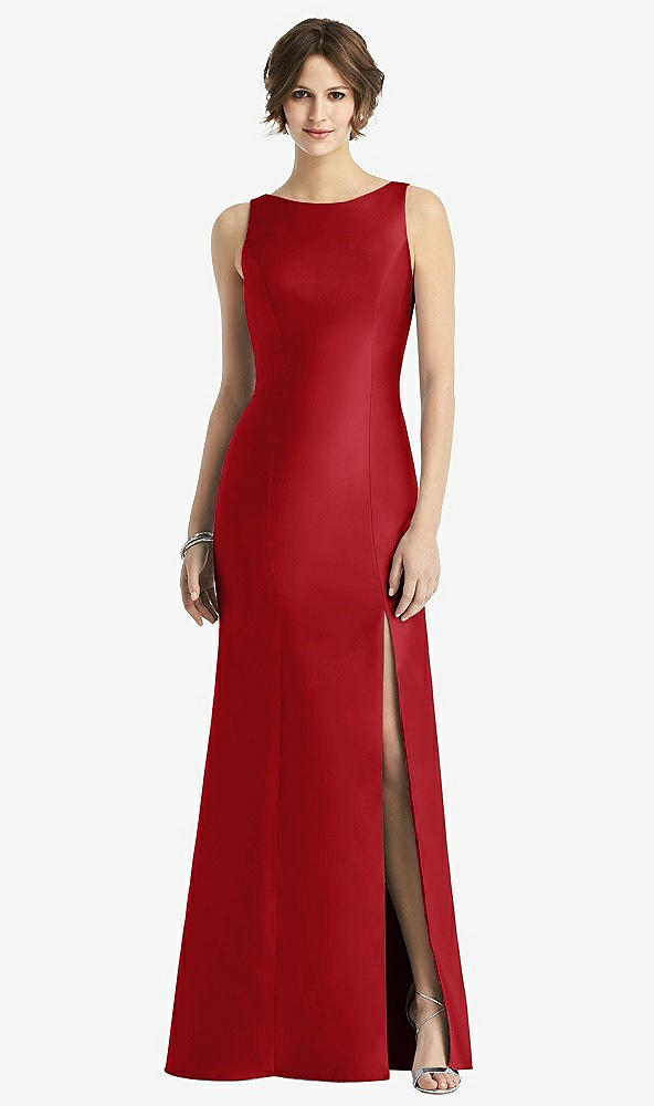 Front View - Garnet Sleeveless Satin Trumpet Gown with Bow at Open-Back
