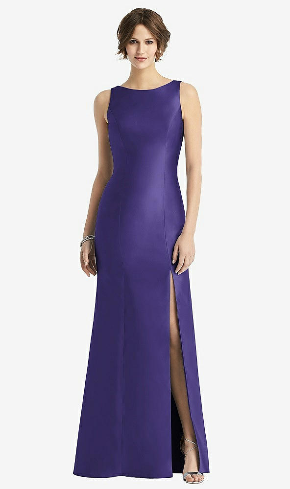 Front View - Grape Sleeveless Satin Trumpet Gown with Bow at Open-Back