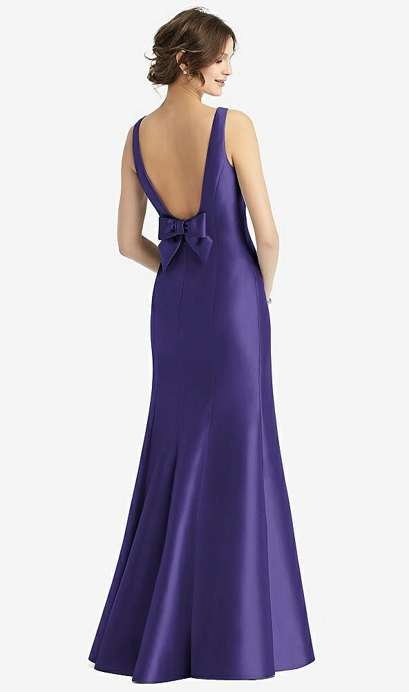Back View - Grape Sleeveless Satin Trumpet Gown with Bow at Open-Back