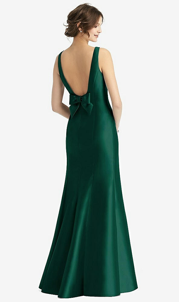 Back View - Hunter Green Sleeveless Satin Trumpet Gown with Bow at Open-Back