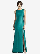 Front View Thumbnail - Jade Sleeveless Satin Trumpet Gown with Bow at Open-Back