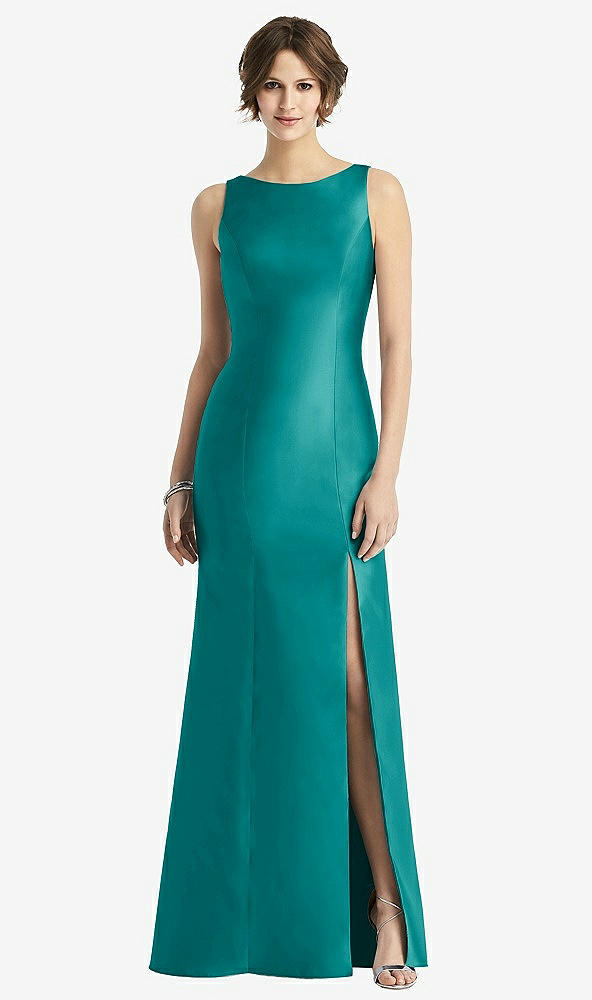 Front View - Jade Sleeveless Satin Trumpet Gown with Bow at Open-Back