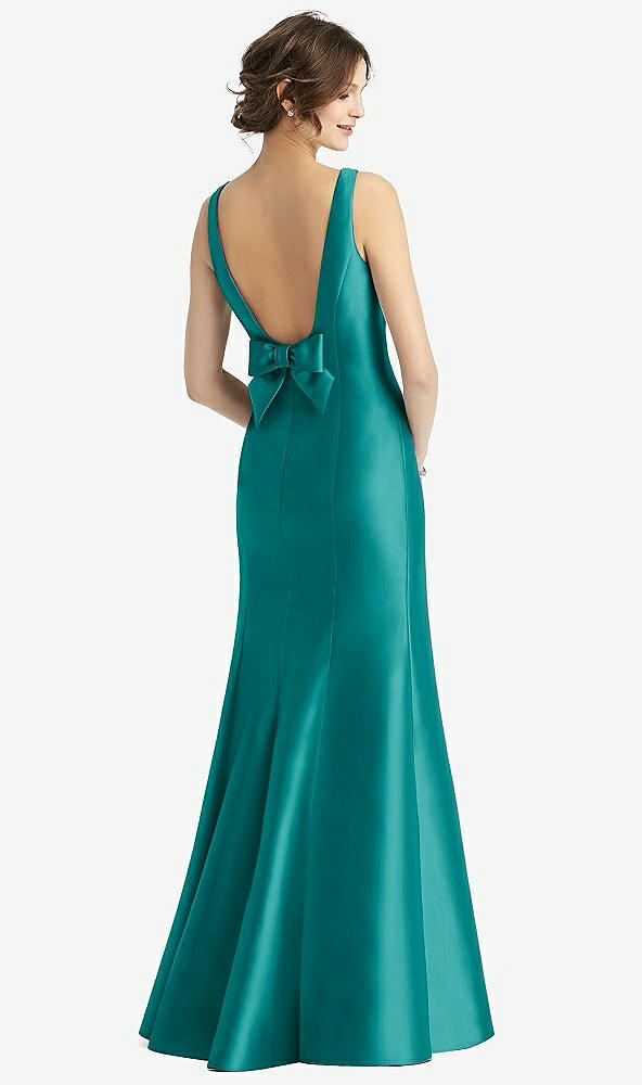 Back View - Jade Sleeveless Satin Trumpet Gown with Bow at Open-Back