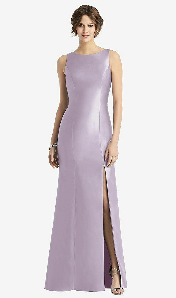 Front View - Lilac Haze Sleeveless Satin Trumpet Gown with Bow at Open-Back