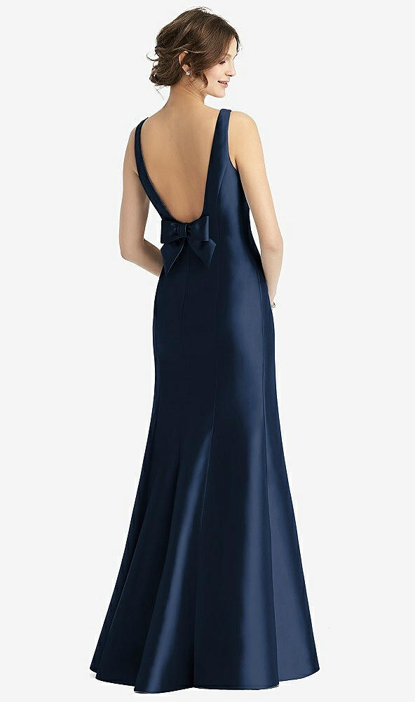 Back View - Midnight Navy Sleeveless Satin Trumpet Gown with Bow at Open-Back