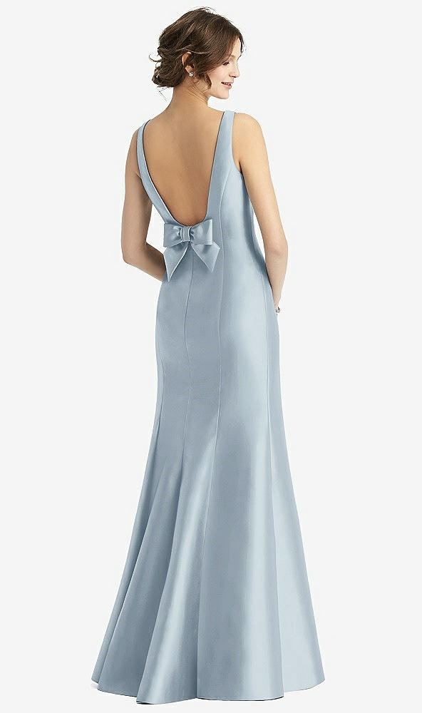 Back View - Mist Sleeveless Satin Trumpet Gown with Bow at Open-Back