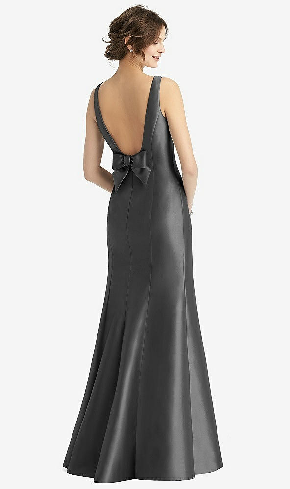 Back View - Pewter Sleeveless Satin Trumpet Gown with Bow at Open-Back