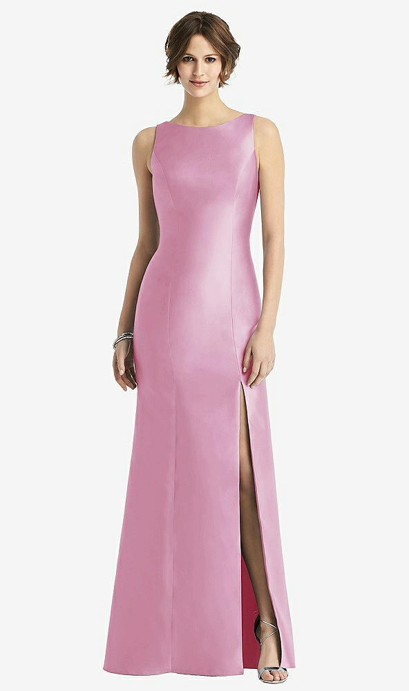 Front View - Powder Pink Sleeveless Satin Trumpet Gown with Bow at Open-Back