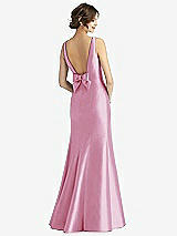 Rear View Thumbnail - Powder Pink Sleeveless Satin Trumpet Gown with Bow at Open-Back