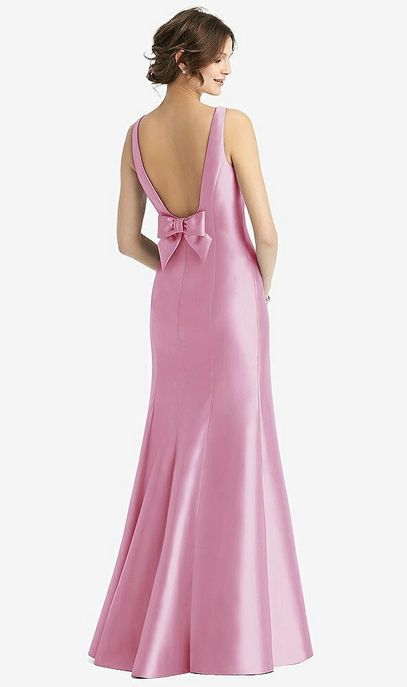 Back View - Powder Pink Sleeveless Satin Trumpet Gown with Bow at Open-Back
