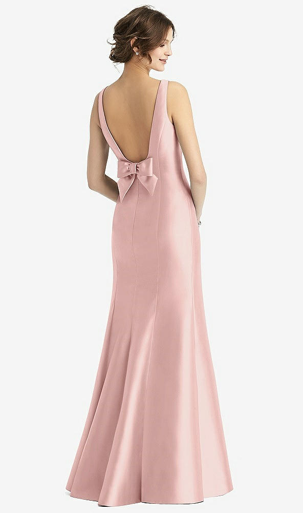Back View - Rose - PANTONE Rose Quartz Sleeveless Satin Trumpet Gown with Bow at Open-Back