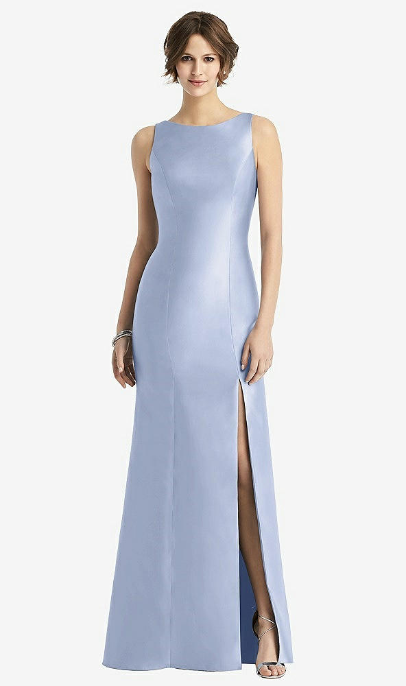 Front View - Sky Blue Sleeveless Satin Trumpet Gown with Bow at Open-Back