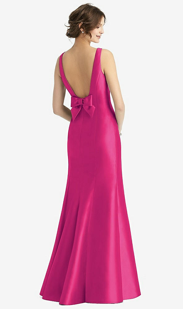 Back View - Think Pink Sleeveless Satin Trumpet Gown with Bow at Open-Back