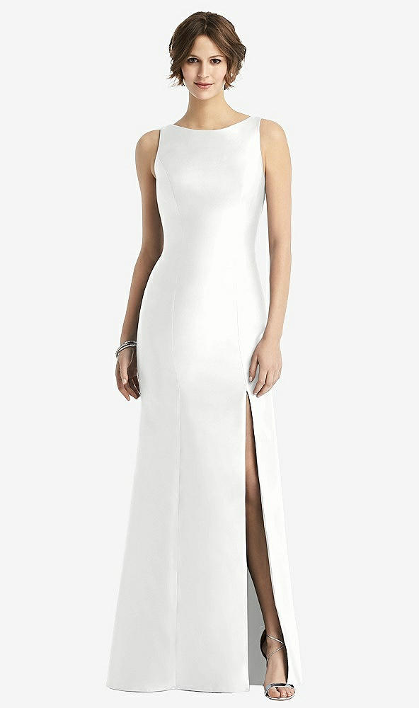 Front View - White Sleeveless Satin Trumpet Gown with Bow at Open-Back