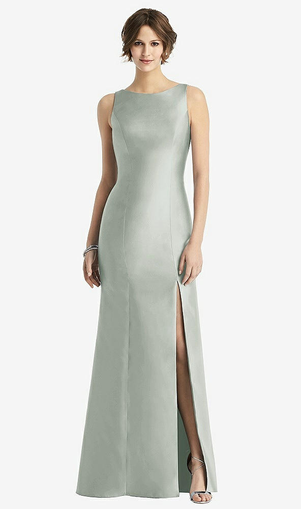 Front View - Willow Green Sleeveless Satin Trumpet Gown with Bow at Open-Back
