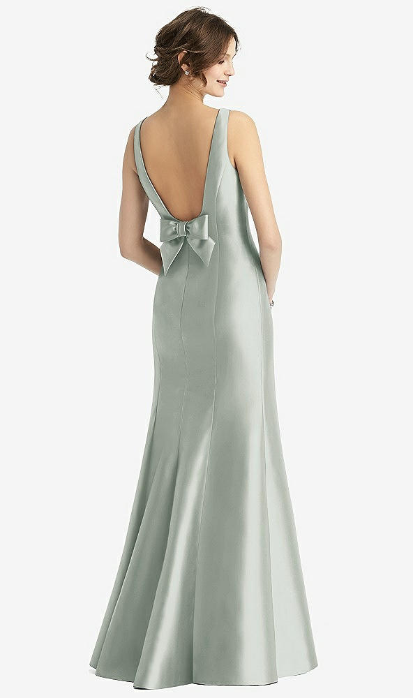 Back View - Willow Green Sleeveless Satin Trumpet Gown with Bow at Open-Back