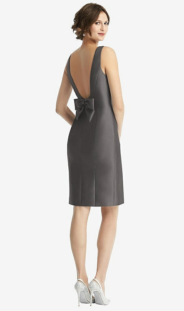 Front View - Caviar Gray Bow Open-Back Satin Cocktail Dress with Front Slit