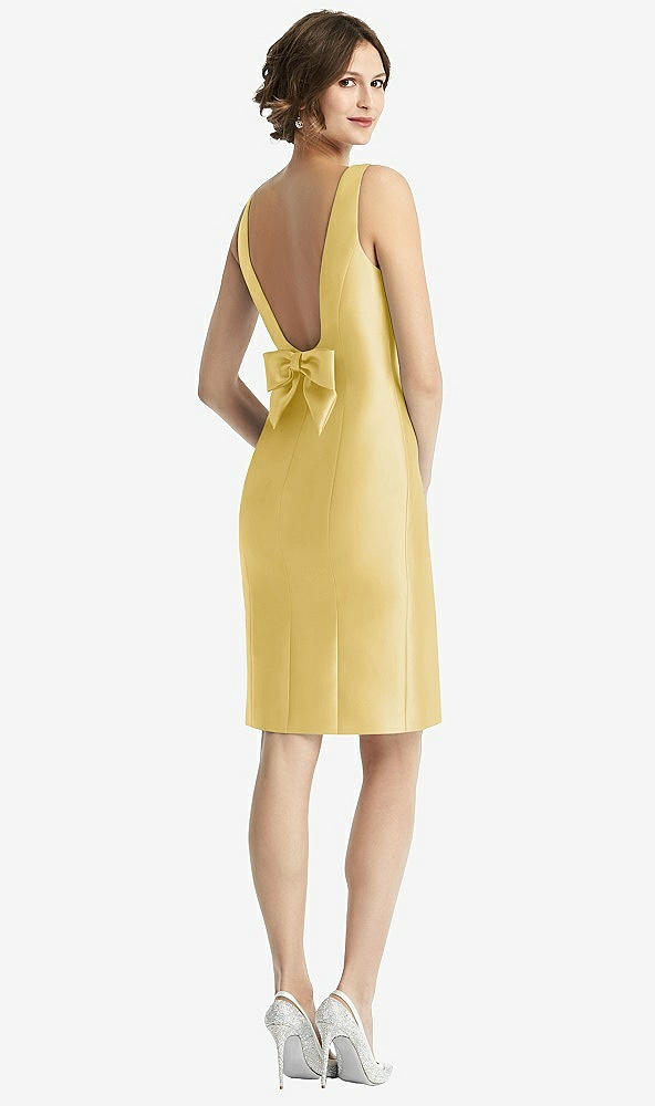 Front View - Maize Bow Open-Back Satin Cocktail Dress with Front Slit