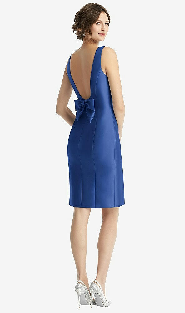 Front View - Classic Blue Bow Open-Back Satin Cocktail Dress with Front Slit