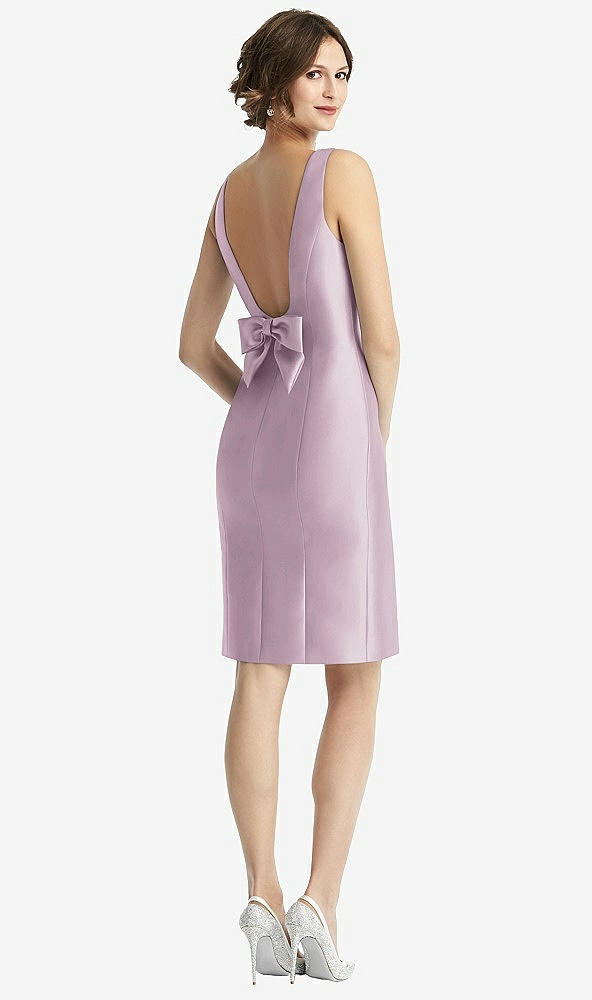 Front View - Suede Rose Bow Open-Back Satin Cocktail Dress with Front Slit