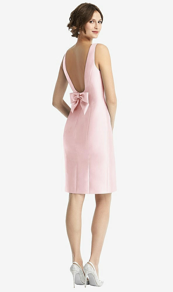 Front View - Ballet Pink Bow Open-Back Satin Cocktail Dress with Front Slit