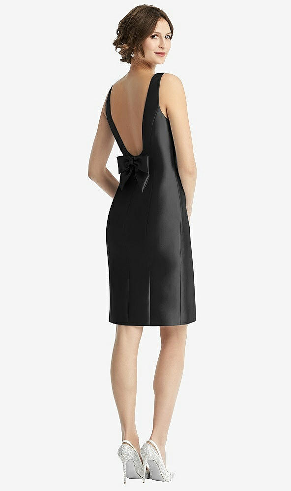 Front View - Black Bow Open-Back Satin Cocktail Dress with Front Slit