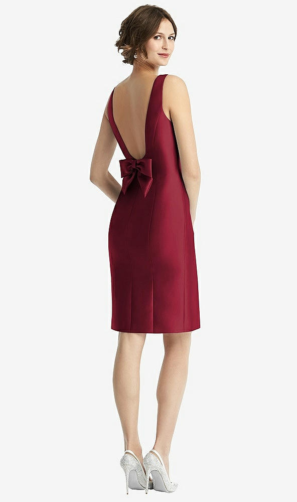 Front View - Burgundy Bow Open-Back Satin Cocktail Dress with Front Slit