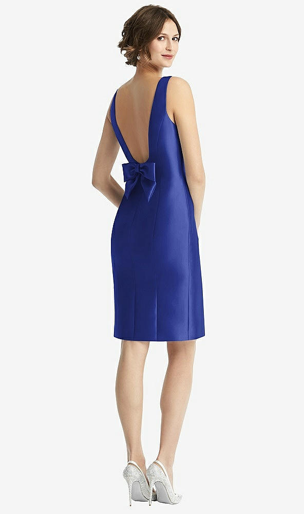 Front View - Cobalt Blue Bow Open-Back Satin Cocktail Dress with Front Slit