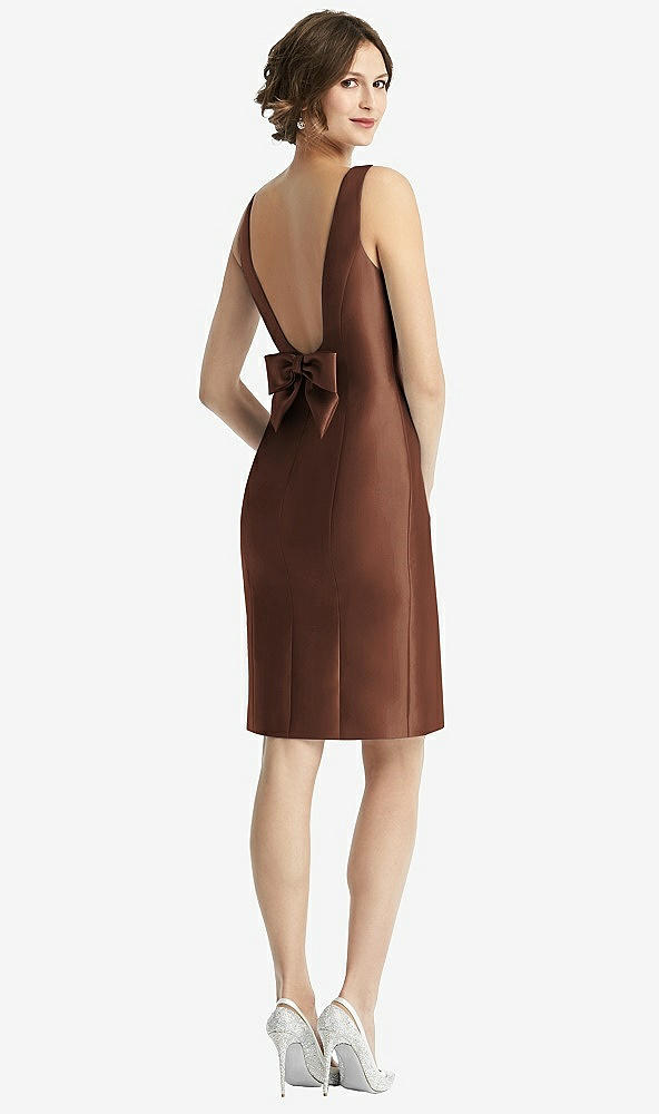 Front View - Cognac Bow Open-Back Satin Cocktail Dress with Front Slit