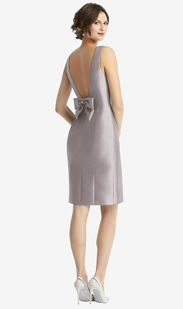 Front View - Cashmere Gray Bow Open-Back Satin Cocktail Dress with Front Slit