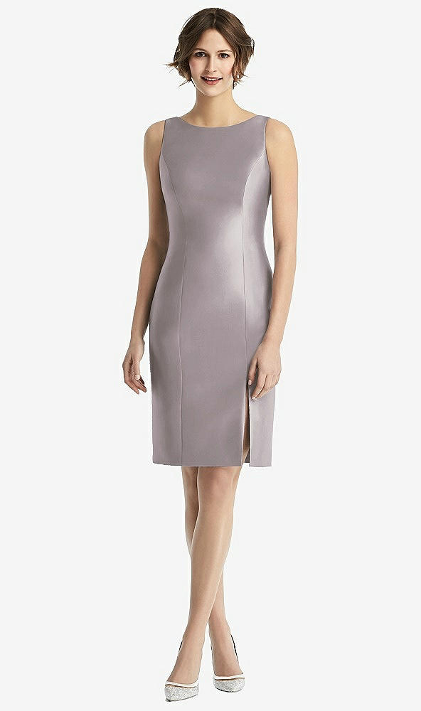Back View - Cashmere Gray Bow Open-Back Satin Cocktail Dress with Front Slit