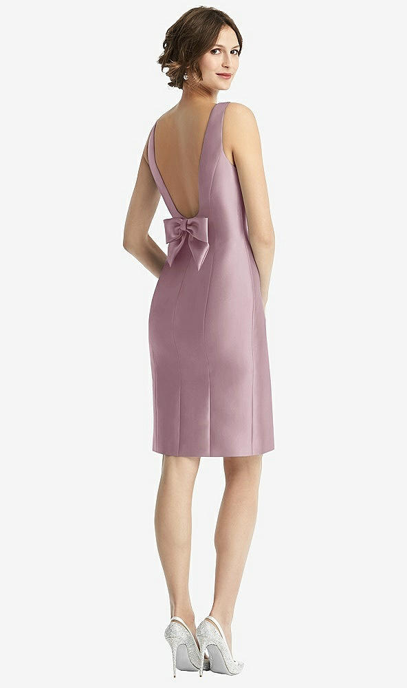 Front View - Dusty Rose Bow Open-Back Satin Cocktail Dress with Front Slit