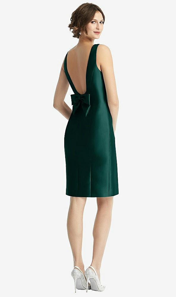 Front View - Evergreen Bow Open-Back Satin Cocktail Dress with Front Slit