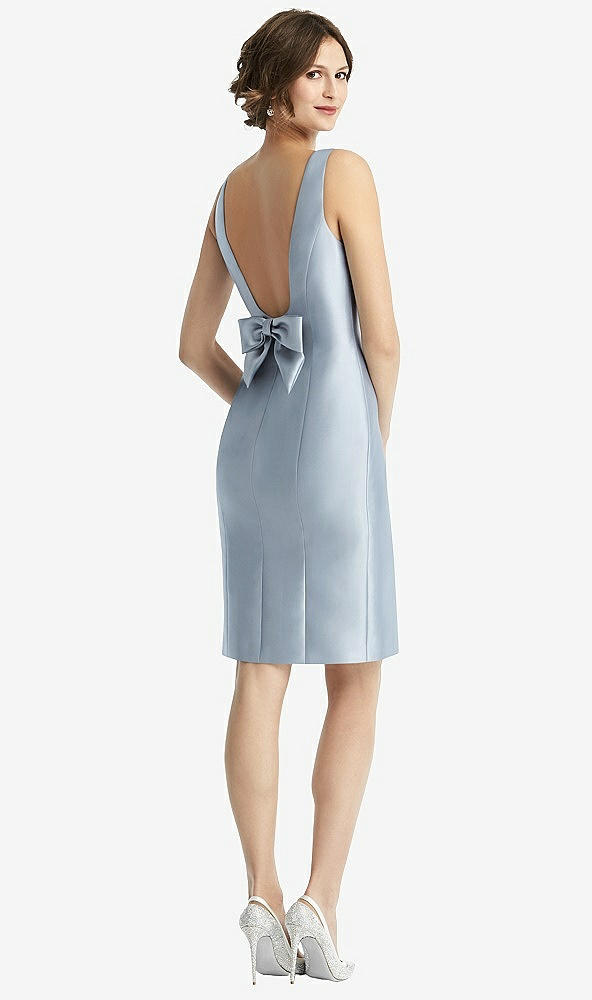 Front View - French Blue Bow Open-Back Satin Cocktail Dress with Front Slit