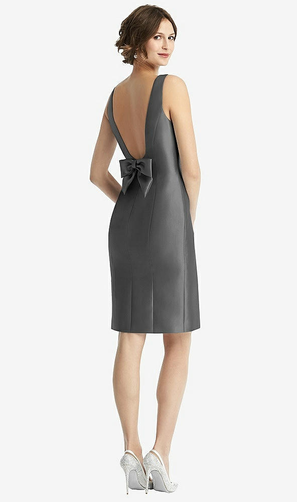 Front View - Gunmetal Bow Open-Back Satin Cocktail Dress with Front Slit